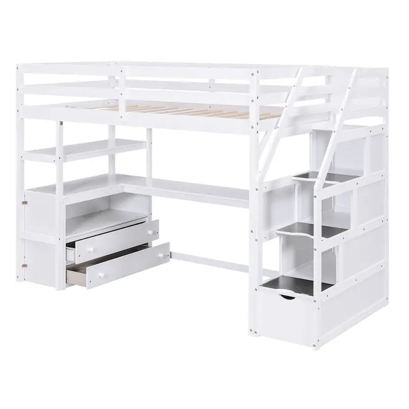 Lit mezzanine une place avec bureau et étagères, deux tiroirs intégrés et escalier de rangement