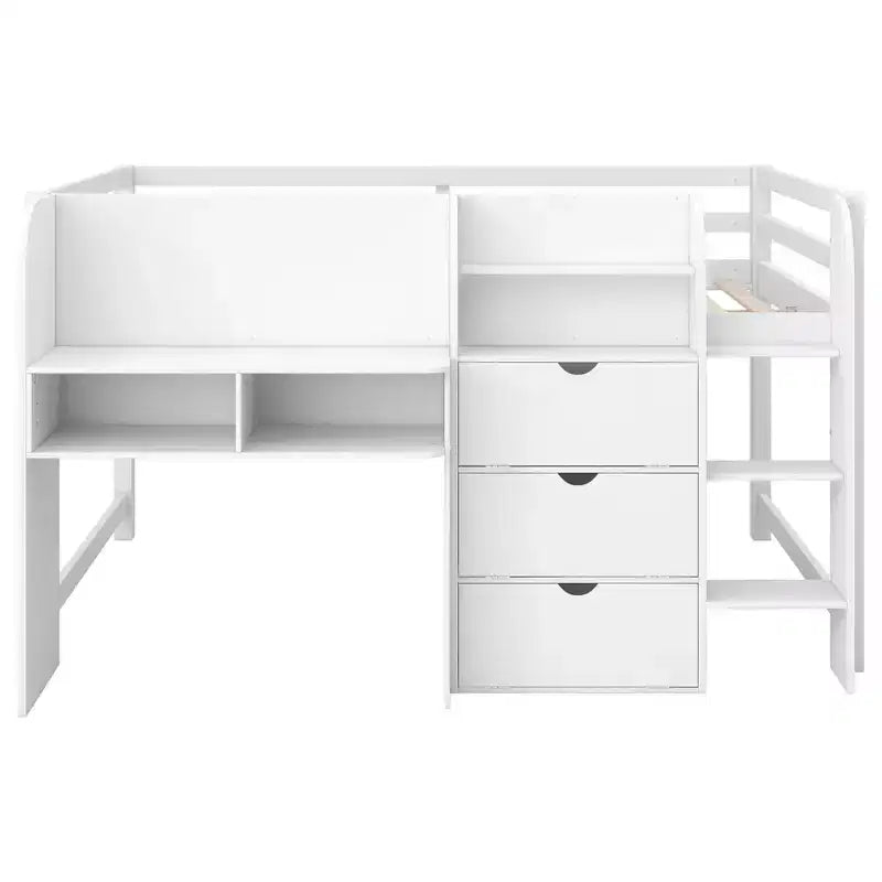 Lit mezzanine bas rose/blanc avec bureau, rangements et tableau blanc - 1 personne, 1 place