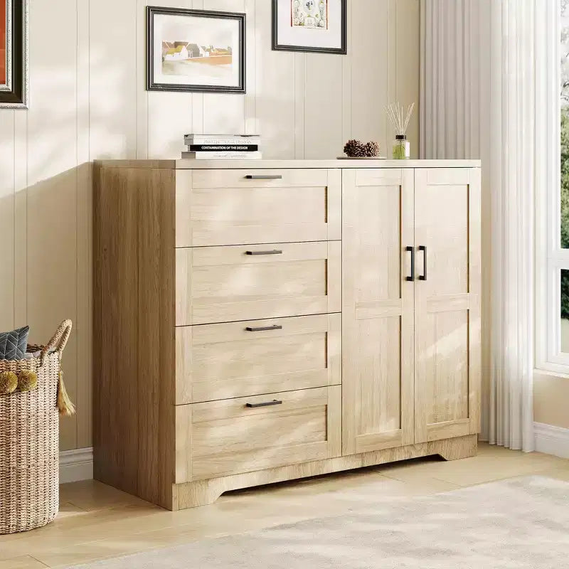 Armadio guardaroba in legno alto 43,3" con 4 cassetti e barra appendiabiti, mobile contenitore multifunzionale per abiti da camera da letto