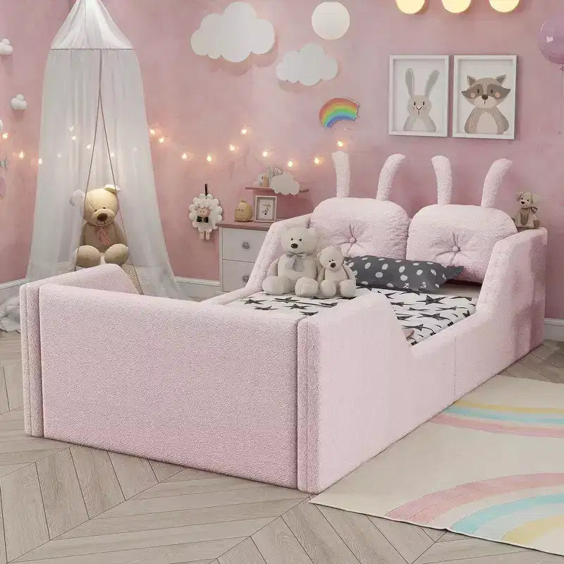 Letto a piattaforma singolo Whisen, struttura imbottita per letto a terra per bambini con cuscino a forma di coniglio e sponde laterali rimovibili