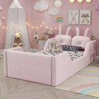 Letto a piattaforma singolo Whisen, struttura imbottita per letto a terra per bambini con cuscino a forma di coniglio e sponde laterali rimovibili