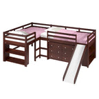 Double Twin L-Shaped Slide Loft Bedroom Set in Dark Cappuccino