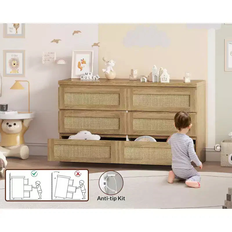 Cassettiera in rattan per camera da letto con 6 cassetti, cassettiera larga moderna in stile rustico da 47 pollici, mobile contenitore in legno per organizzare armadio, soggiorno e corridoio
