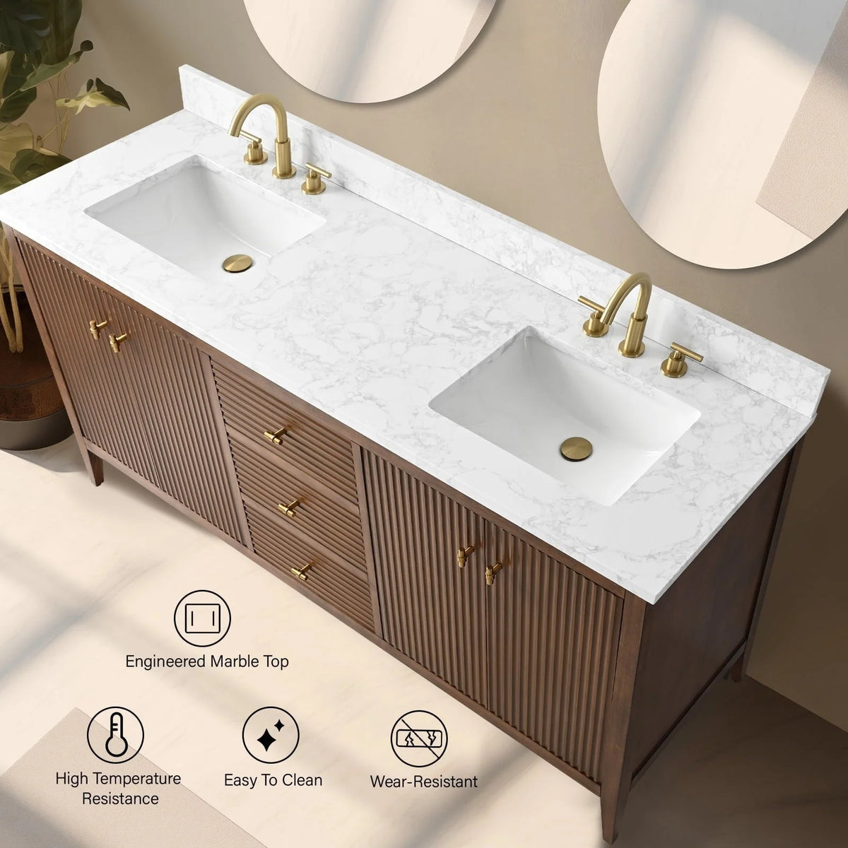 Meuble-lavabo Vanity Art 72 à double vasque avec plateau en marbre reconstitué