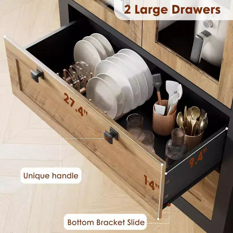 Dispensa da cucina in stile rustico con ante in vetro, mobile contenitore da 72 pollici con cassetti e ripiani regolabili per sala da pranzo, bagno e soggiorno
