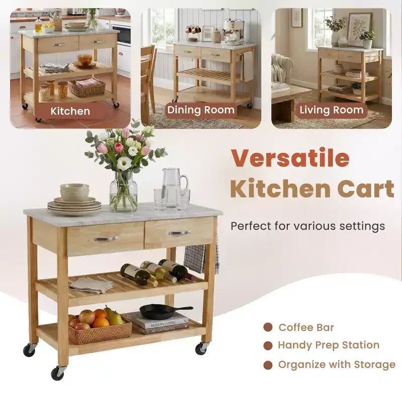 Desserte de cuisine roulante avec plateau en marbre, îlot de cuisine en bois massif avec 2 tiroirs, chariot de cuisine à 3 niveaux avec roulettes amovibles verrouillables et porte-serviettes
