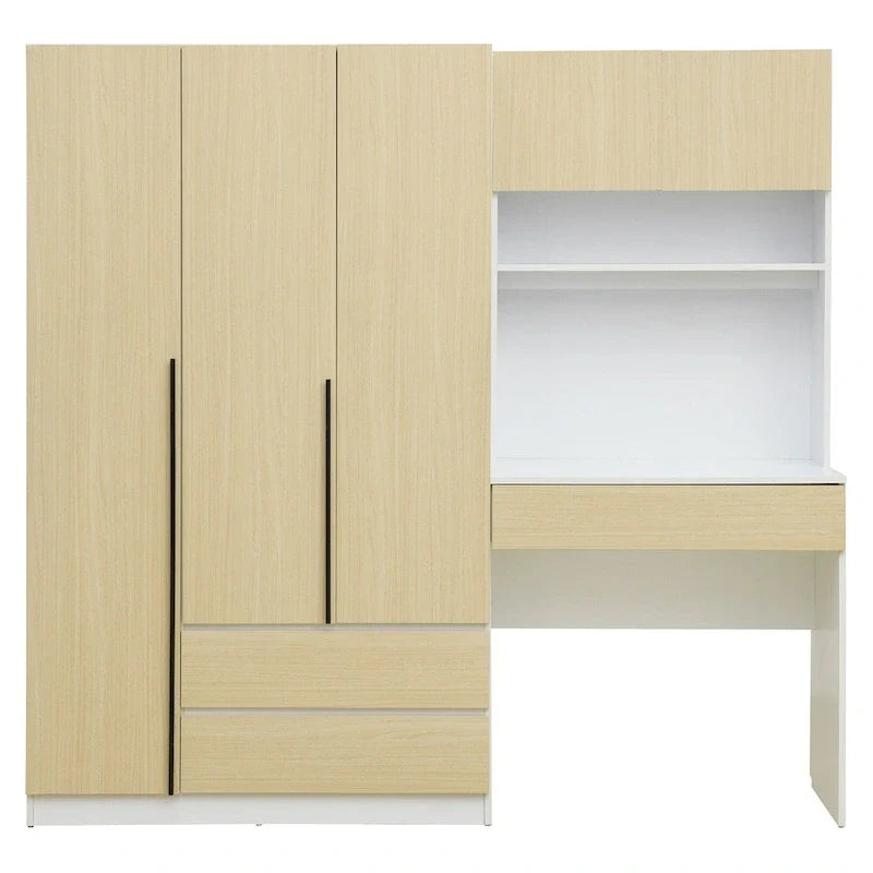 Armoire 3-en-1 avec coiffeuse, ensemble bureau, armoire de chambre avec 2 tiroirs, 3 portes et espace de rangement