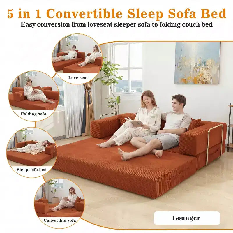 Canapé-lit pliant Dyonery 78 convertible en canapé en velours côtelé, format king, couchage au sol, 4-en-1, canapé modulaire à combiner soi-même, confortable et dépliant