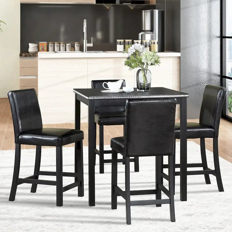 Set da pranzo moderno da 5 pezzi con tavolo quadrato ad altezza bancone e 4 sedie imbottite
