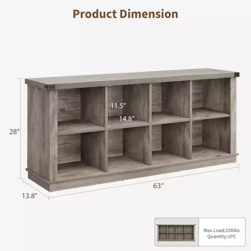 Libreria organizer con 8 scomparti, mobile orizzontale in stile rustico, libreria in legno da 62 pollici con vani portaoggetti per ingresso, libreria lunga e bassa per soggiorno