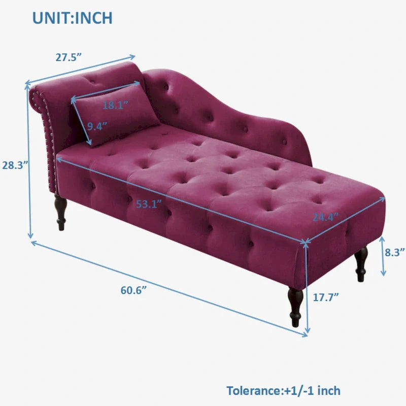 Chaise longue moderna da 60,6" in velluto con bottoni trapuntati, gambe in legno massello e borchie decorative