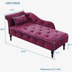 Chaise longue moderna da 60,6" in velluto con bottoni trapuntati, gambe in legno massello e borchie decorative