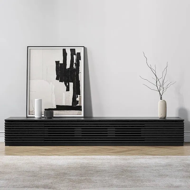 Meuble TV minimaliste avec tiroirs, console multimédia en bois massif avec placards, porte basculante, placage noyer, entièrement assemblée