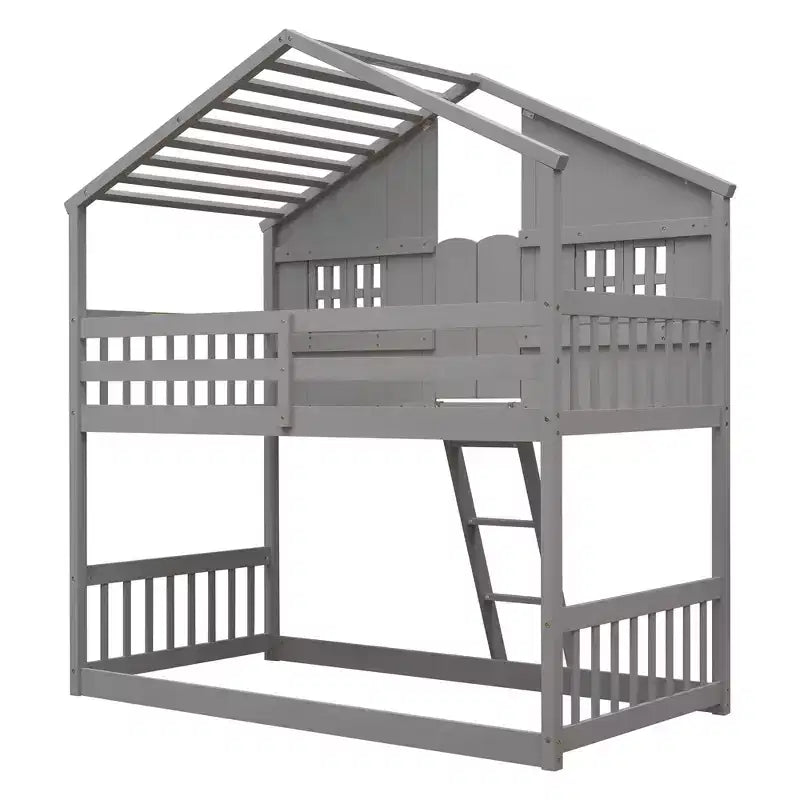 Letto a soppalco matrimoniale singolo a forma di casetta, letto rialzato in legno tipo casetta con scaletta e sponde di sicurezza per bambini