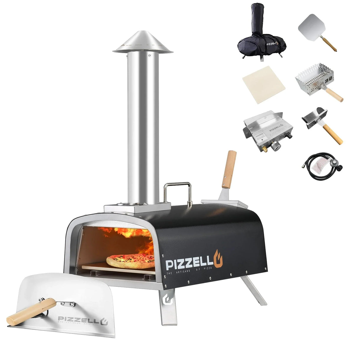 Four à pizza extérieur multicombustible, appareil à pizza cuite sur pierre avec brûleur à gaz et compartiment à bois – 12 pouces