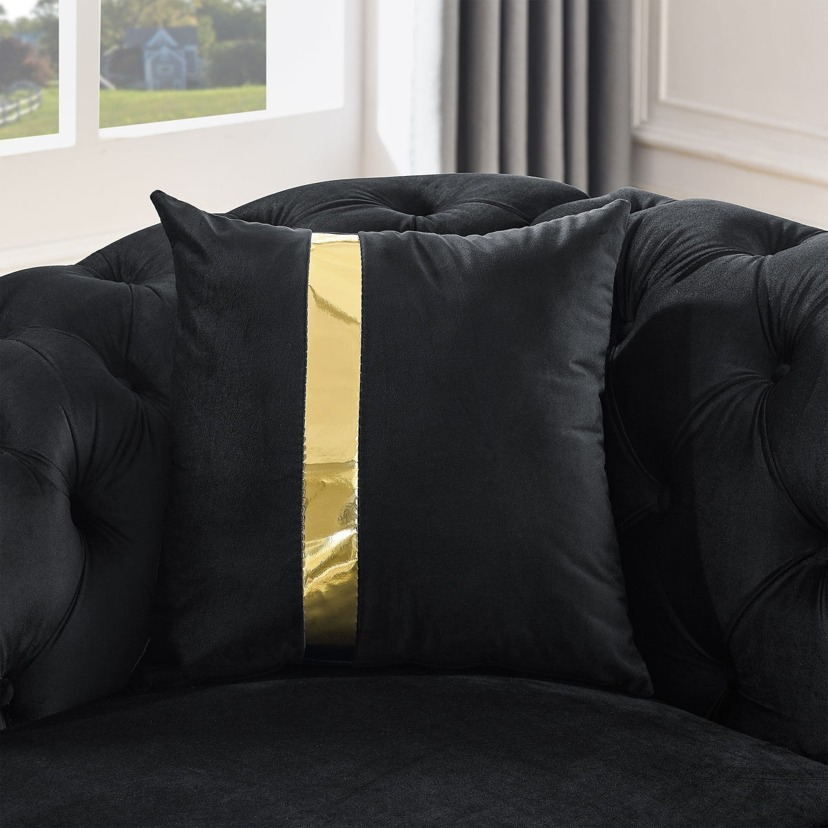 Canapé 3 places en velours de 90,6 avec 2 coussins, coussins haute densité, accents dorés et oreillers