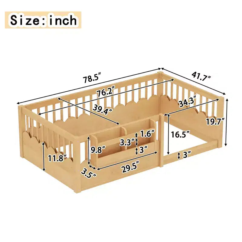Lit cabane Montessori simple en bois Bellemave pour enfants, avec barrière surélevée et bibliothèque, pour filles et garçons