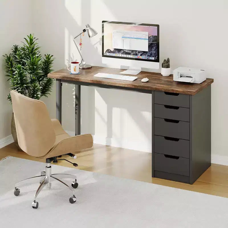 Scrivania per computer da 47 pollici con 5 cassetti portaoggetti, tavolo moderno rustico reversibile da studio e scrittura, postazione per ufficio domestico per piccoli spazi