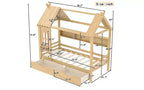Haus-Hochbett mit Aufbewahrungsschubladen und Fenster, Rahmen aus Massivholz mit Regalen, kindlich-verspieltes Design, helles Weiß