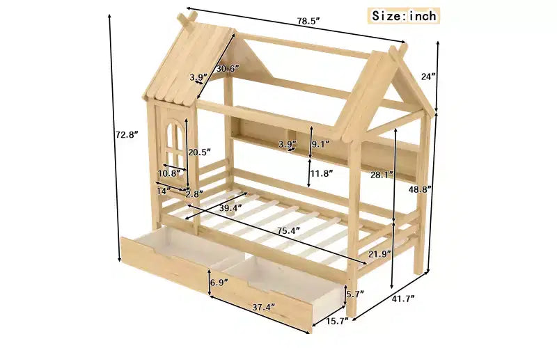 Haus-Hochbett mit Aufbewahrungsschubladen und Fenster, Rahmen aus Massivholz mit Regalen, kindlich-verspieltes Design, helles Weiß