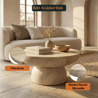 Tavolino da caffè rotondo LeisureMod Lunexa, tavolino decorativo con base a piedistallo in Fiberstone per uso interno o esterno, design scolpito con piedini antiscivolo