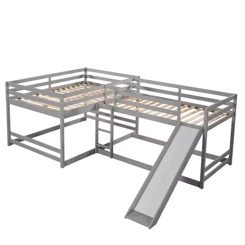 Lit superposé en L pour 4 enfants, lit superposé quadruple avec toboggan, structure en bois avec couchage double et simple pour chambre ou dortoir