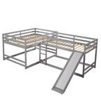 Lit superposé en L pour 4 enfants, lit superposé quadruple avec toboggan, structure en bois avec couchage double et simple pour chambre ou dortoir