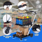 2 Tier Folding Shopping Carts for Groceries, 198 LB Capacity, Collapsible Portable Grocery Cart with Wheels & Removable Crate for Mall Market, Blue