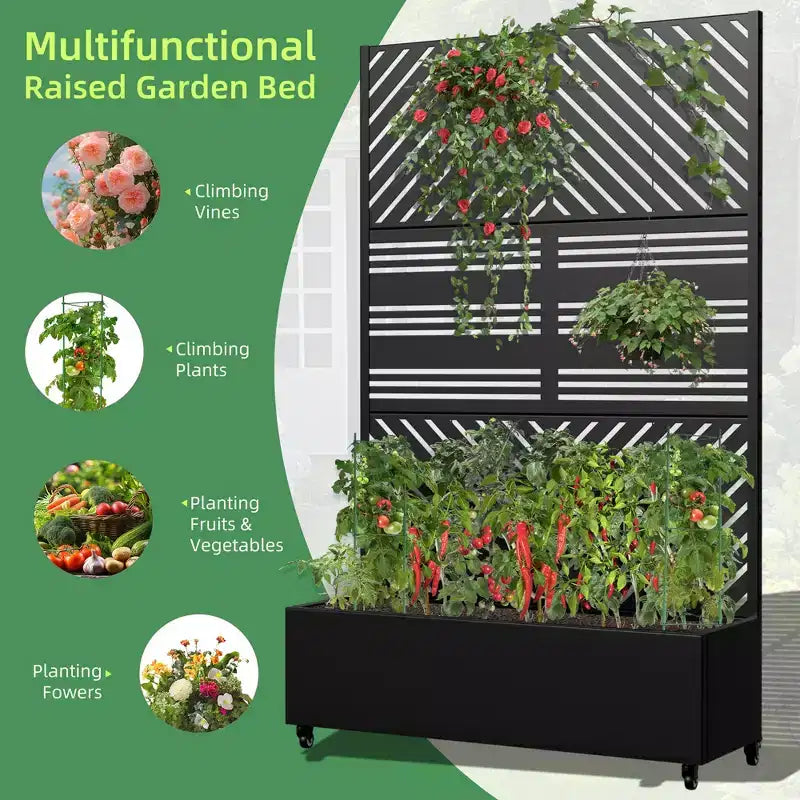 Fioriera MAYEERTY con graticcio in ferro nero, Linea Parallela 01, stile classico a persiana combinato, 72x47x16 pollici, set da 3 pezzi