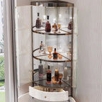 Meuble d’angle de rangement et d’exposition avec plusieurs niveaux, en verre et métal, pour bouteilles de vin