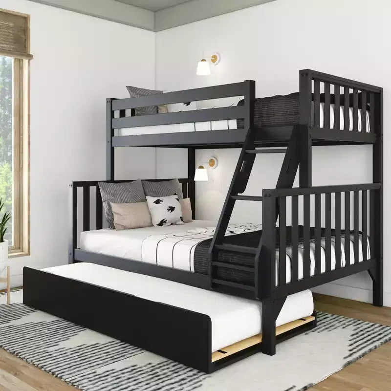 Letto a castello Max & Lily, singolo sopra matrimoniale con letto estraibile, in legno massello e stile scandinavo, per bambini
