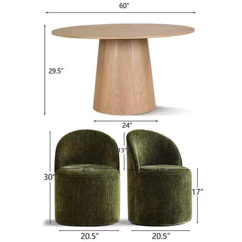 Ensemble de table à manger moderne pour 6 personnes, table ronde à piètement central, fauteuils tonneau pivotants à roulettes, chenille texturée - Panipeachy