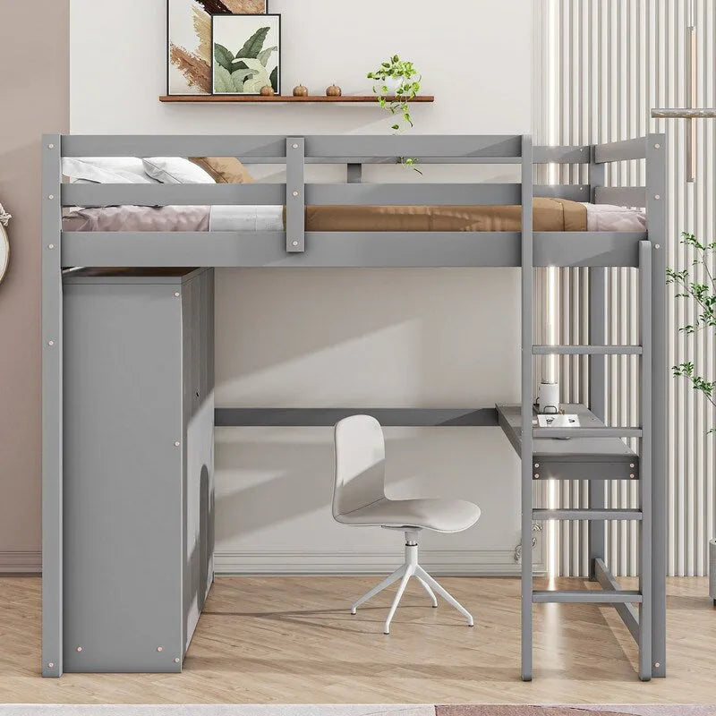 Lit mezzanine en bois 2 places avec armoire intégrée, bureau, étagères de rangement et tiroirs