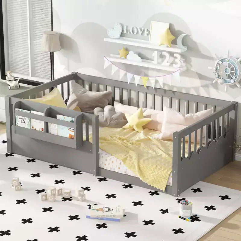 Lit cabane Montessori simple en bois Bellemave pour enfants, avec barrière surélevée et bibliothèque, pour filles et garçons