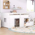 Letto soppalcato singolo Okak in legno massello con scale e spazio contenitore, letto a castello singolo basso con cassetti e ripiani, letto soppalcato multifunzionale per bambini e ragazzi