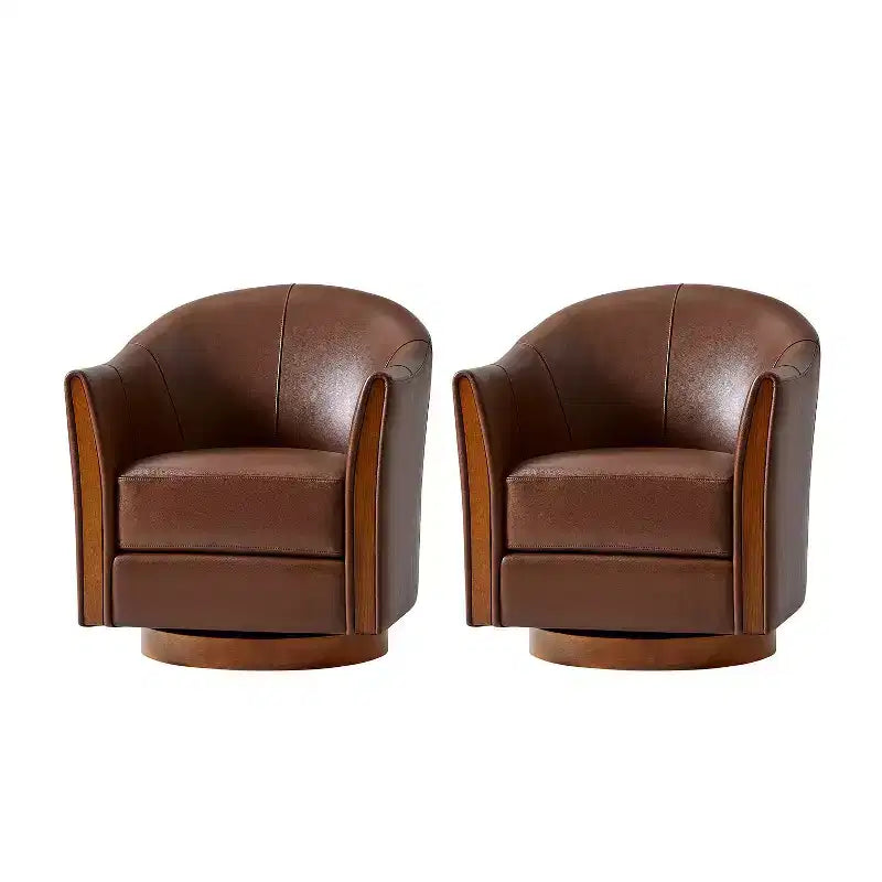 Fauteuil tonneau pivotant Pocono de style transitionnel en cuir véritable avec piètement en bois massif, ensemble de 2, Artful Living Design