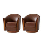 Fauteuil tonneau pivotant Pocono de style transitionnel en cuir véritable avec piètement en bois massif, ensemble de 2, Artful Living Design