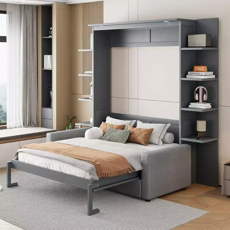 Letto a scomparsa Queen Murphy da parete con divano, letto a scomparsa matrimoniale Queen in mobile con libreria e ripiani per camera degli ospiti o ufficio