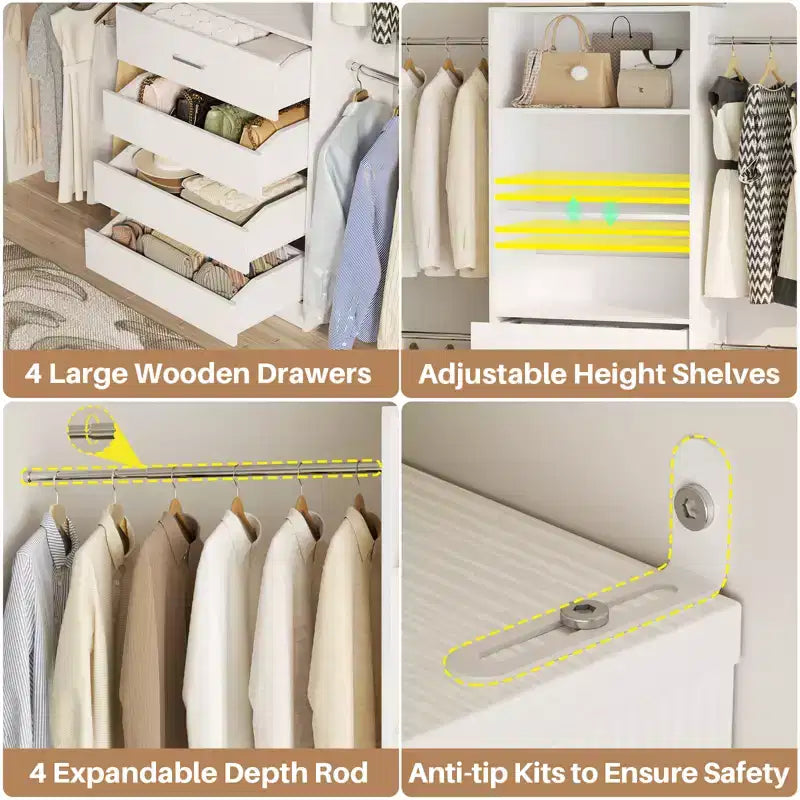 Système d’organisation de dressing en bois Besiost de 4 à 9 pieds avec 4 tiroirs, 4 tringles et des colonnes d’étagères