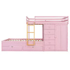 Full over Full Bunk Bed with Storage Wardrobe and Drawers, Full Size Wood Space-Saving Bunk Bed with Guardrail for Apartment, Bedroom