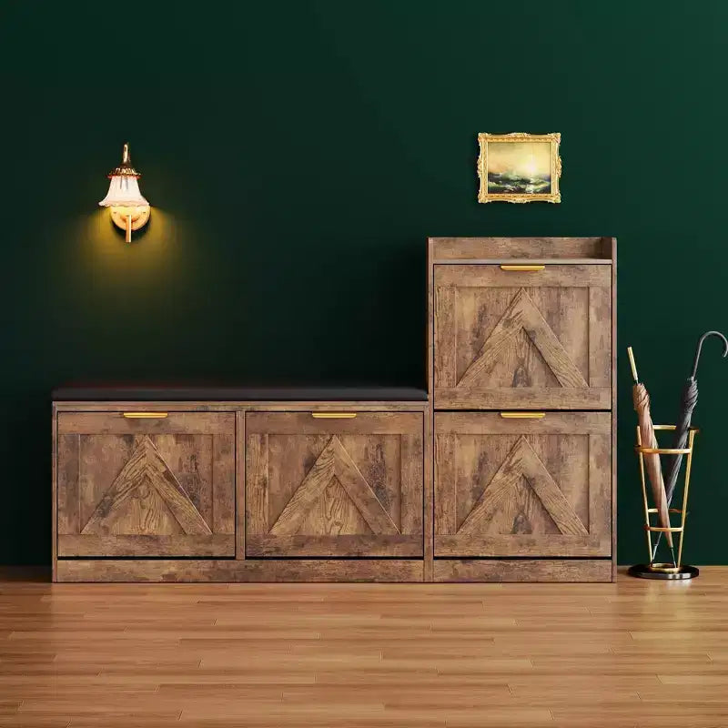 Meuble à chaussures de style maison de campagne avec banc, 4 tiroirs basculants, organisateur de rangement pour chaussures d’entrée avec assise rembourrée confortable, banc à chaussures autoportant