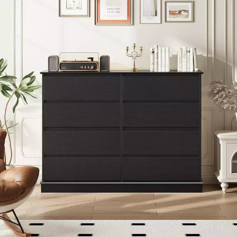 Meuble de rangement à 8 tiroirs, commode à tiroirs profonds, grande armoire à plateau large pour le salon, le couloir ou la chambre d’enfant