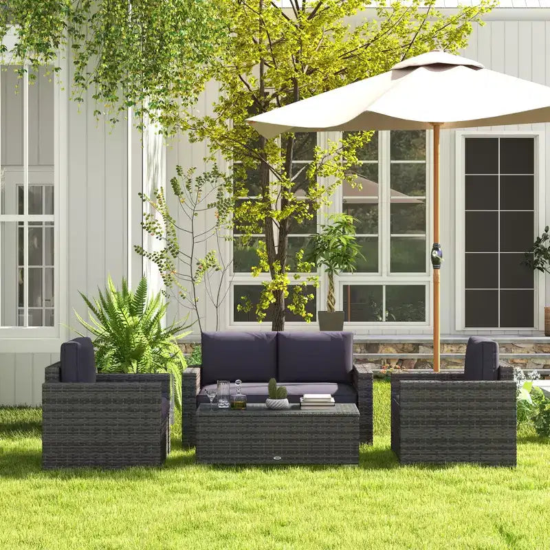 Set da giardino in rattan da 4 pezzi, set da patio in vimini con divanetto, sedie e tavolino da caffè con piano in vetro