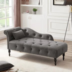 Chaise longue moderna da 60,6" in velluto con bottoni trapuntati, gambe in legno massello e borchie decorative