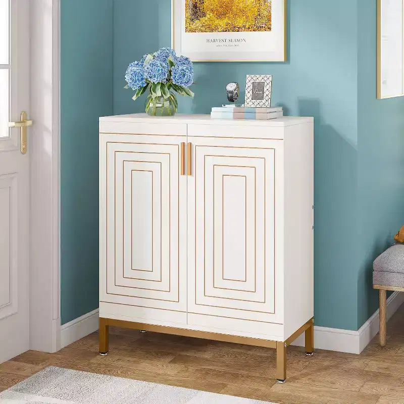 Meuble à chaussures pour 20 paires, meuble de rangement moderne à 6 niveaux avec portes, organiseur d’entrée autoportant, blanc et doré