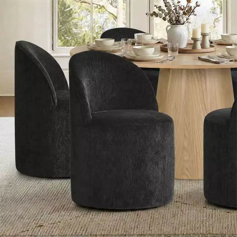 Ensemble de table à manger moderne pour 6 personnes, table ronde à piètement central, fauteuils tonneau pivotants à roulettes, chenille texturée - Panipeachy