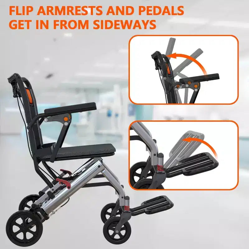 Fauteuil roulant de transport pour personnes âgées ultraléger, pliable et portable, avec frein à main verrouillable et accoudoirs relevables amovibles