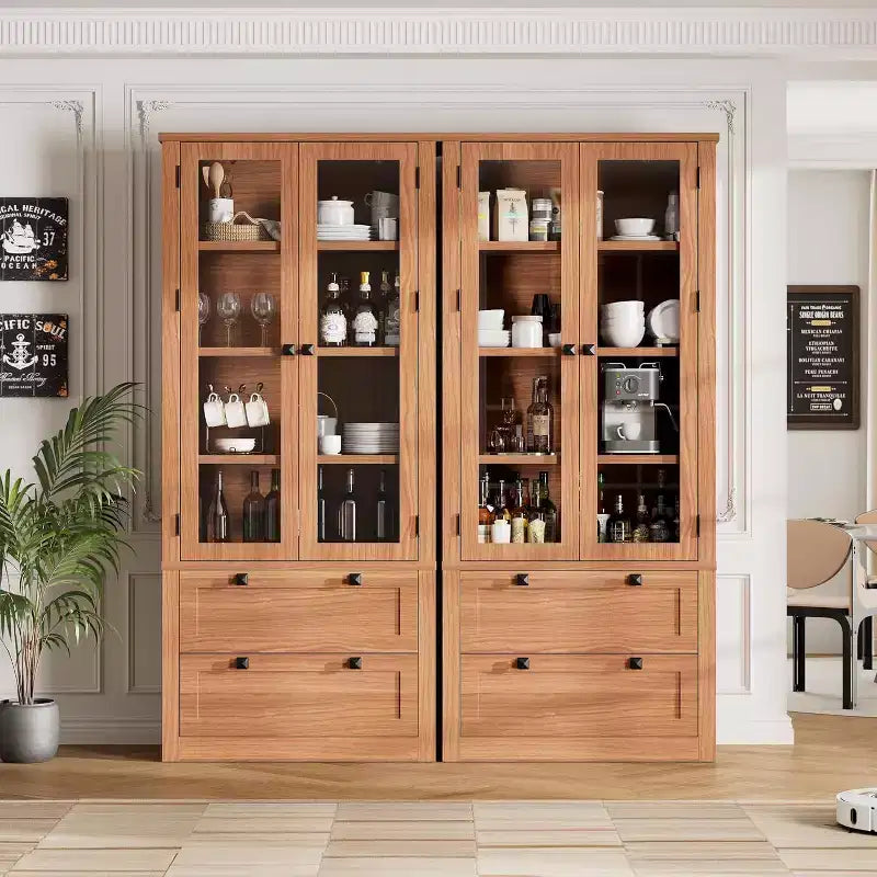 Dispensa da cucina in stile rustico con ante in vetro, mobile contenitore da 72 pollici con cassetti e ripiani regolabili per sala da pranzo, bagno e soggiorno