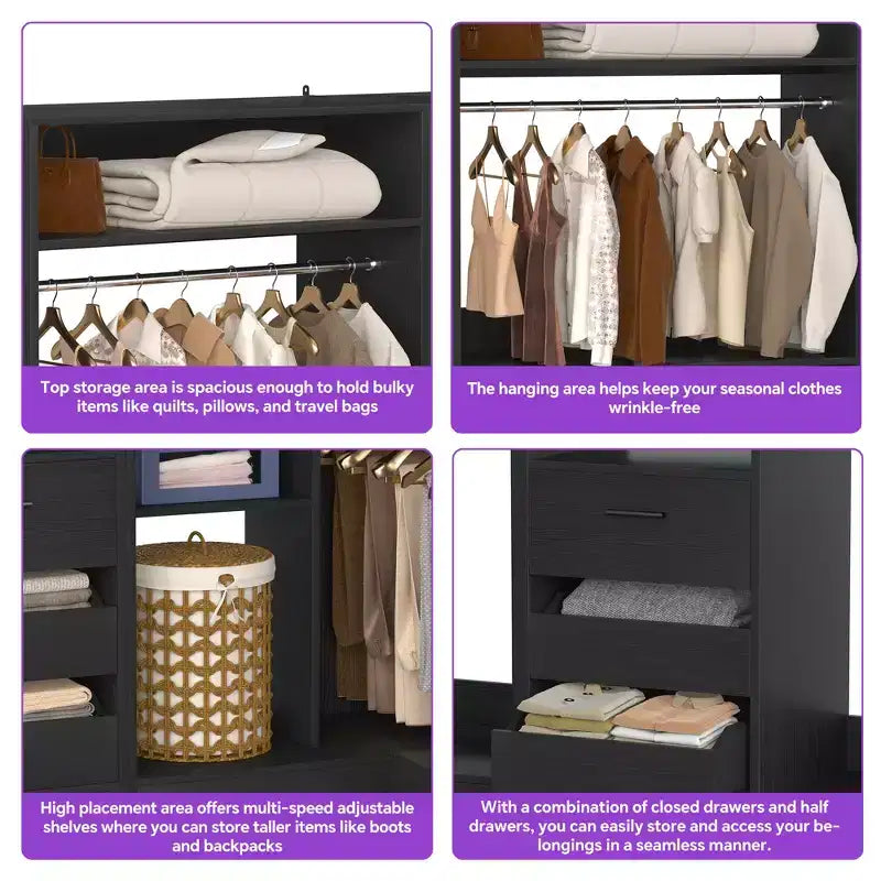 Ensemble Besiost de 3 éléments pour dressing d’angle avec étagères en colonne et tiroirs, organisateur de dressing autoportant avec tringles