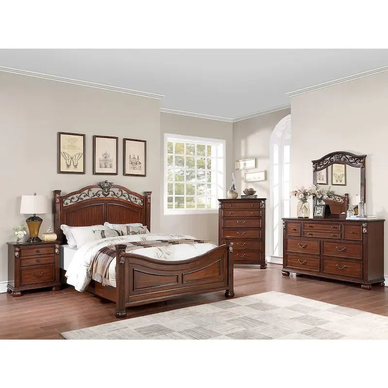 Letto in legno con testiera lavorata color ciliegio scuro